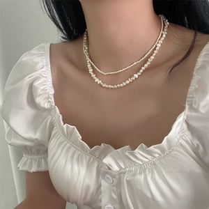 Double-layered freshwater pearl necklace with baroque style and vintage French design