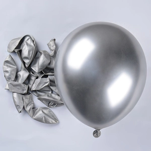 Detailed view of silver metallic latex balloons showing inflated and uninflated states