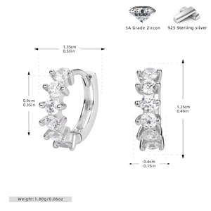 Macro detail of S925 sterling silver hoop earrings with cubic zirconia and dimension data