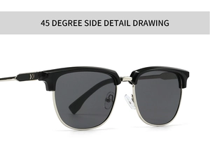 45-degree side view of semi-rimless sunglasses with black top frame and golden metal accents