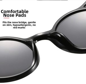 Macro detail of comfortable integrated nose pads on black cat-eye kids sunglasses