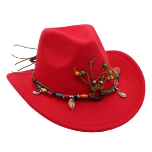 Red ethnic style western cowboy hat with colorful beads and shell decorations