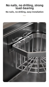 Macro detail of stainless steel corner caddy with adhesive hooks for drill-free mounting
