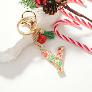 Christmas letter Y resin keychain with snowman sequins, gold bell and green tassel