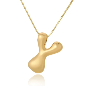 Detailed view of a gold-plated alphabet Y pendant necklace with a polished liquid metal finish