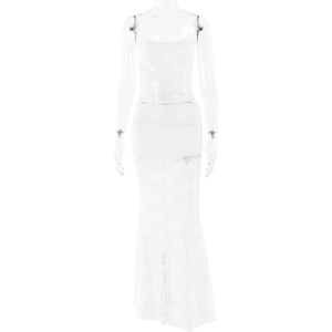 Detailed macro view of white translucent lace fabric texture on a slim fit two-piece set