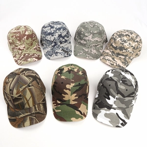 Detailed top-down view of seven different digital and jungle camouflage baseball caps
