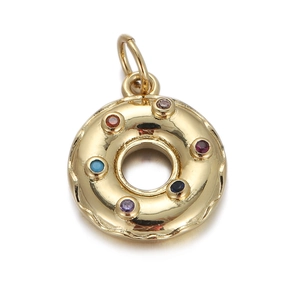 Chic gold-plated donut pendant with colorful zircon stones on a white background
