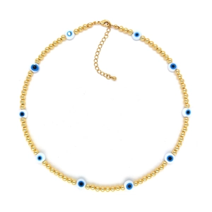 Detail of 18K gold beaded necklace with blue evil eye charms and lobster clasp closure