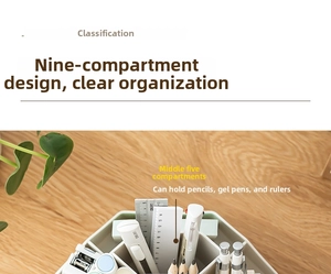 Top view of a rotating nine-compartment desktop organizer with pens and office stationery