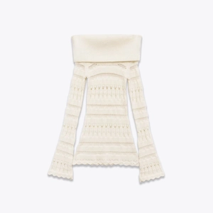 Chic off-the-shoulder hollow knit sweater in cream white with intricate crochet patterns