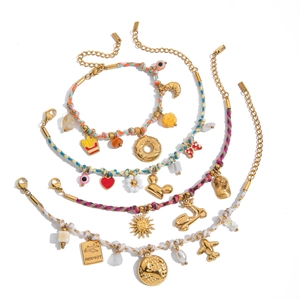 18K gold plated stainless steel anklet set with colorful woven cords and travel charms