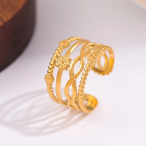 Gold bohemian layered open ring featuring daisy motifs and infinity symbols