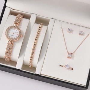 Luxury 5-piece rose gold watch set with crystal necklace, bracelet, ring and earrings