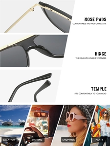 Detailed close-up of fashion sunglasses featuring metallic hinges and comfortable nose pads