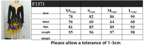 Detailed size guide table for V-neck sequin feather dress with measurements in cm
