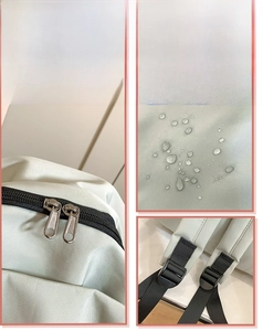 Detail display of waterproof fabric with water droplets and dual metal zippers on backpack