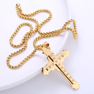 Gold stainless steel double layer cross pendant necklace with sparkling crystal inlay