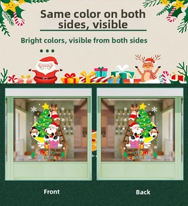 Detailed view of double-sided Christmas static window stickers with Santa and elk patterns