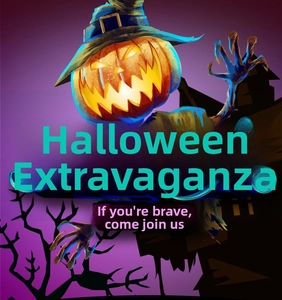 Halloween party poster featuring a glowing pumpkin scarecrow and spooky haunted castle