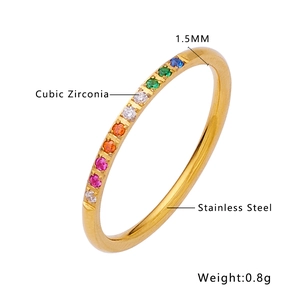 1.5mm thin golden stainless steel ring with rainbow cubic zirconia pavé stones