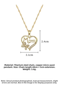Detailed specs of Mom heart necklace with zircon butterfly and titanium steel chain dimensions