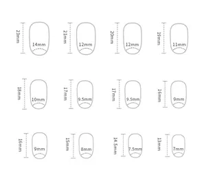 Size chart for round press-on nails showing precise width and length measurements in mm