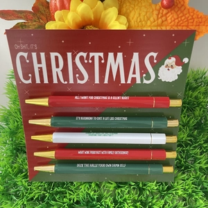 Set di 5 penne a sfera natalizie divertenti in rosso, verde e bianco su card festiva