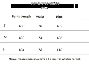 Size chart for wide leg trousers showing length, waist and hip measurements in cm
