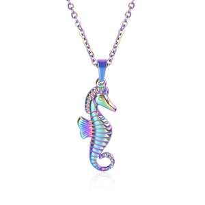 Macro shot of 18k gold plated stainless steel seahorse pendant with rainbow metallic finish