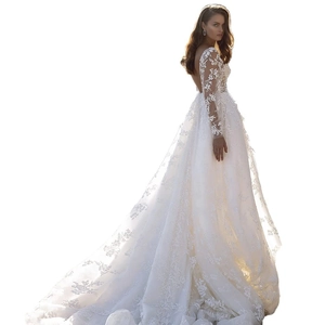 Elegant white lace mermaid wedding dress with long sleeves, V-neck and long train