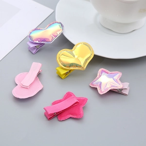 Cute iridescent heart and star hair clips for girls featuring shiny PU leather material
