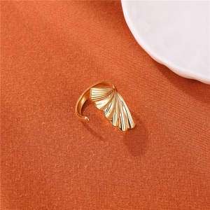 Vintage golden stainless steel ginkgo leaf open ring with delicate textured finish