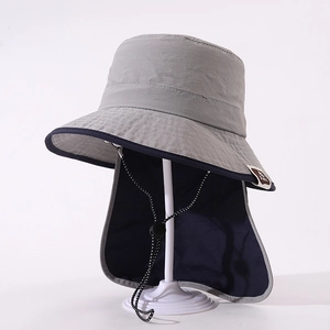 Grey-blue sun protection hat with neck flap and windproof rope for kids outdoor use