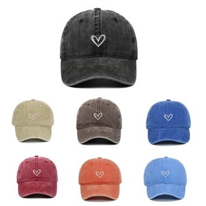 Retro washed cotton baseball cap with heart embroidery in seven assorted colors