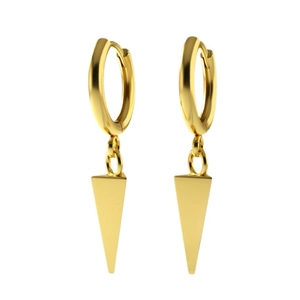 Minimalist gold brass earrings with geometric cone drop dangles on white background