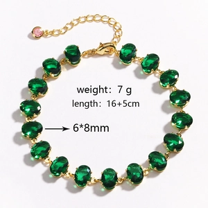 Detail view of gold-plated green zircon bracelet showing 6x8mm stone size and 7g weight