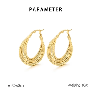Detailed view of gold stainless steel hoop earrings with spiral texture and size parameters