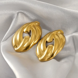 Vintage 18K Gold Plated Stainless Steel Hollow Twisted Oval Geometric Stud Earrings For Women Minimalist Trendy Jewelry