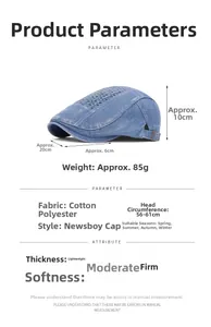Blue denim flat cap size details showing 56-61cm circumference and 6cm brim length