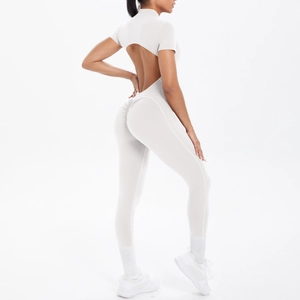 Detail view of white open back sports bodysuit with scrunch butt and high elasticity fabric