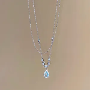 Double layer stainless steel necklace with light blue waterdrop gemstone pendant