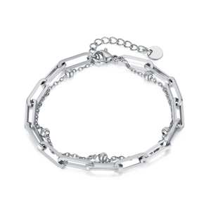 Double-layer stainless steel bracelet featuring paperclip link chain and metal beads