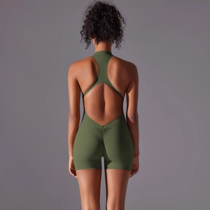Detailed back view of olive green yoga jumpsuit with racerback cutout and ruched scrunch butt