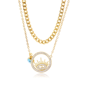 Collier double couche doré oeil protecteur avec cristaux et chaîne cubaine femme