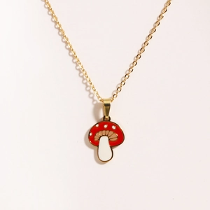 Chic gold titanium steel necklace featuring a red and white enamel mushroom pendant charm