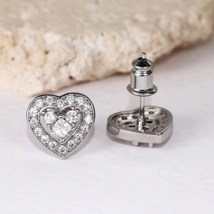 Exquisite silver heart stud earrings with sparkling pavé cubic zirconia and bullet backing
