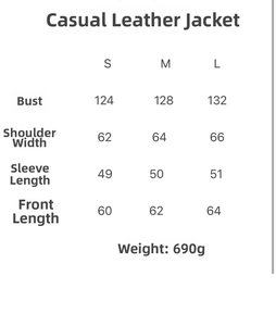 Size chart for women retro faux leather jacket including bust and sleeve measurements