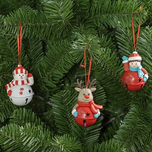 Set of 3 Nordic Christmas bell ornaments featuring reindeer and snowman on a tree branch