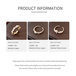 Detailed spec sheet showing material and weight for 14K gold plated pearl and heart rings